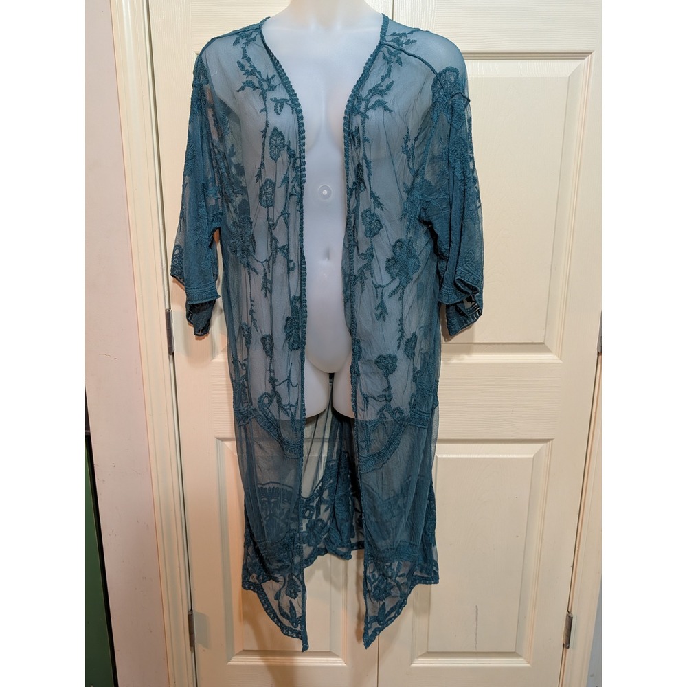 Floral Embroidered Sheer Mesh Kimono Duster Dark Teal Fairy Whimsy Goth L/XL